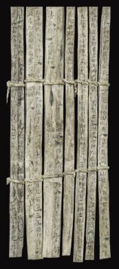 漢簡(jiǎn)《康居王使者冊(cè)》。此簡(jiǎn)記載了西域康居國(guó)使者前來(lái)“進(jìn)貢”駱駝，抵達(dá)敦煌遇到不公后反映問(wèn)題，朝廷受理解決的經(jīng)過(guò)。新華社發(fā)（甘肅簡(jiǎn)牘博物館供圖）